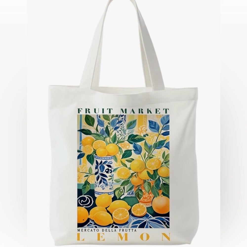 Lemon Canvas Print Tote Bag New - Blue/White - Picture 3 of 5